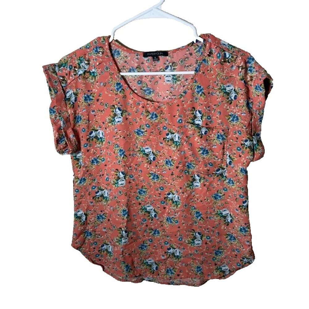 Papermoon Blouse Women's Small Pink Floral Short Sleeve Lightweight Shirt Top
